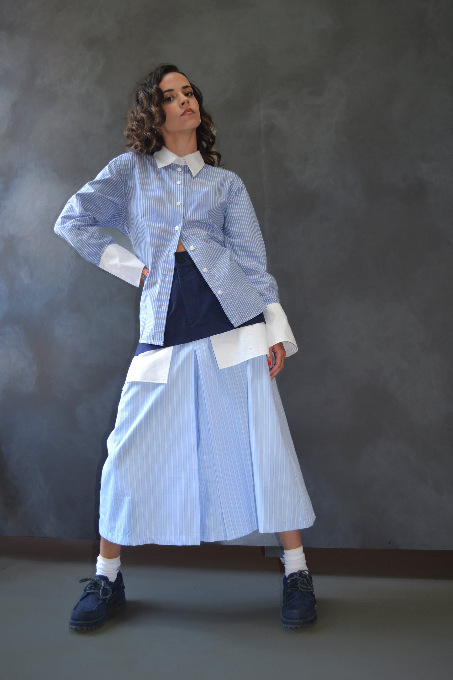 SIMONE SKIRT IN ROYAL COTTON TWILL AND POPLIN STRIPES