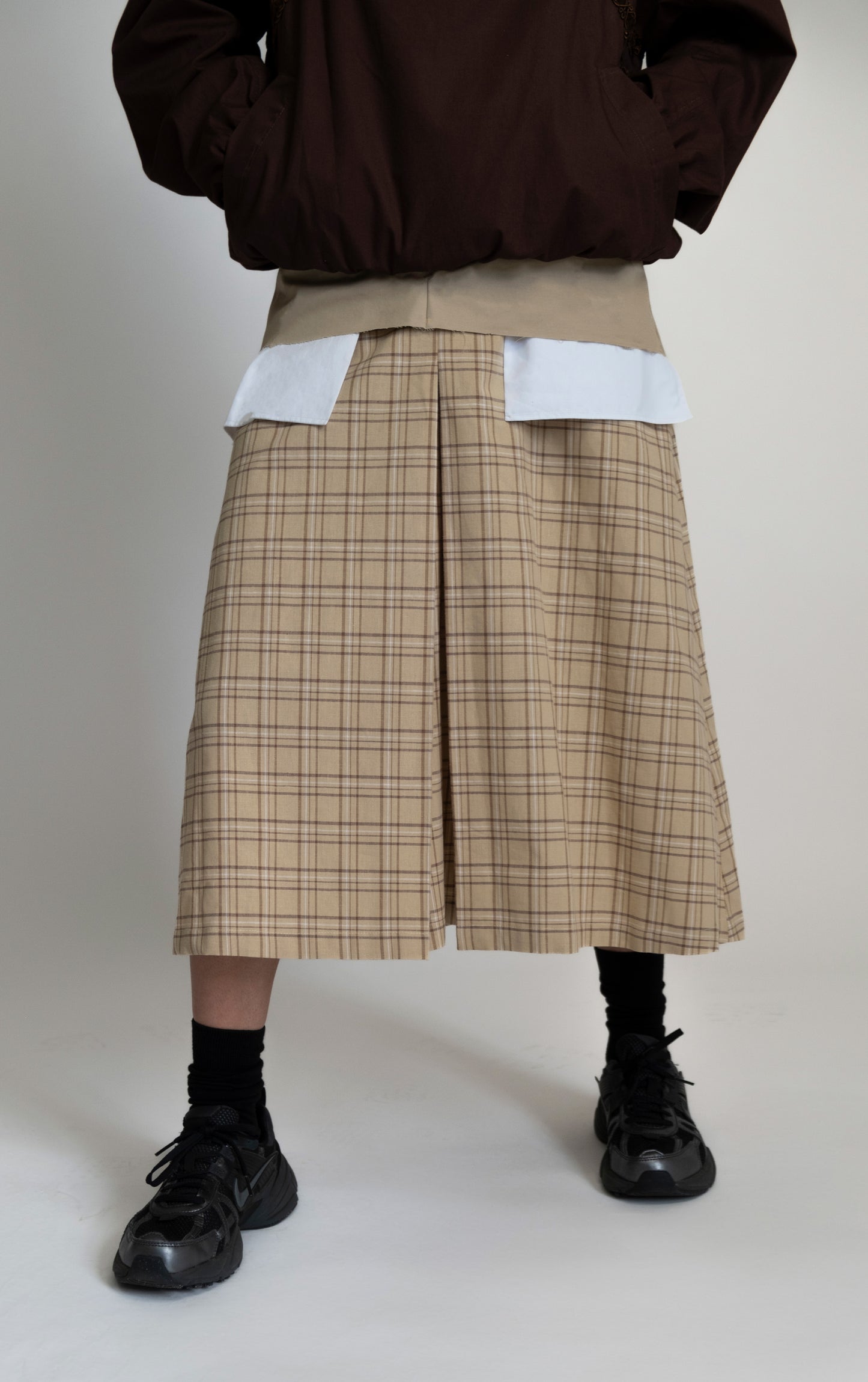 SIMONE SKIRT IN BEIGE COTTON TWILL AND LINEN CHECK