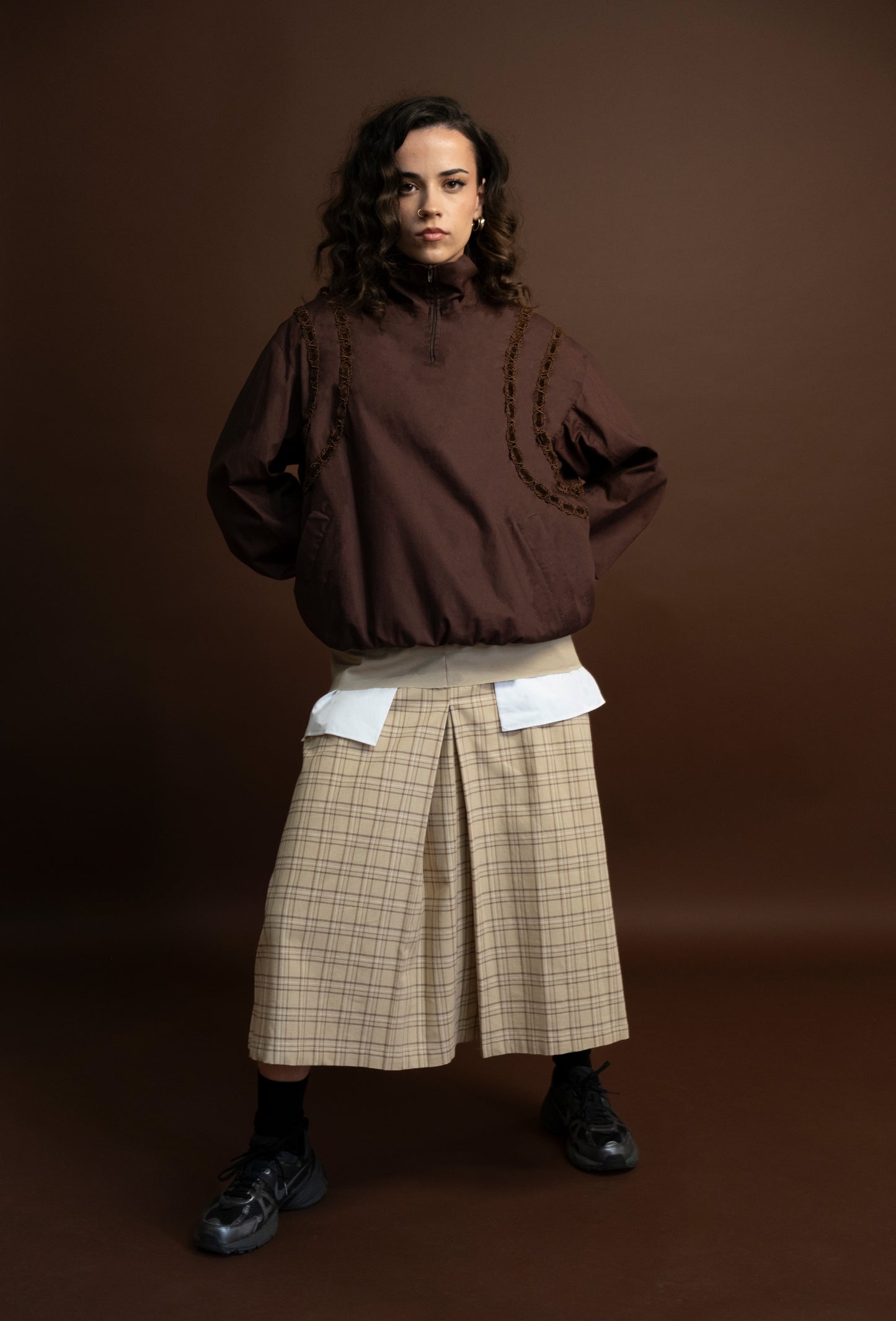 SIMONE SKIRT IN BEIGE COTTON TWILL AND LINEN CHECK