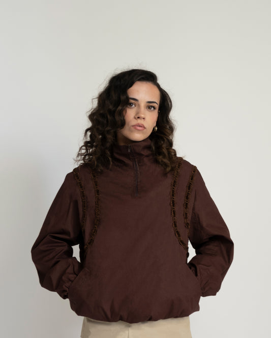 SABOURET QUARTER ZIP IN BROWN COTTON POPLIN