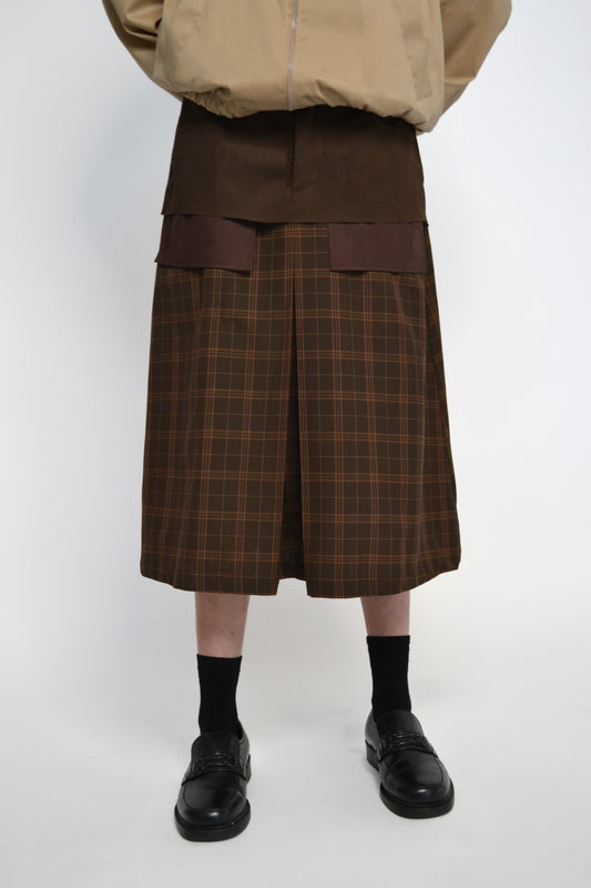 SIMONE SKIRT IN BROWN COTTON TWILL AND WOOL CHECK